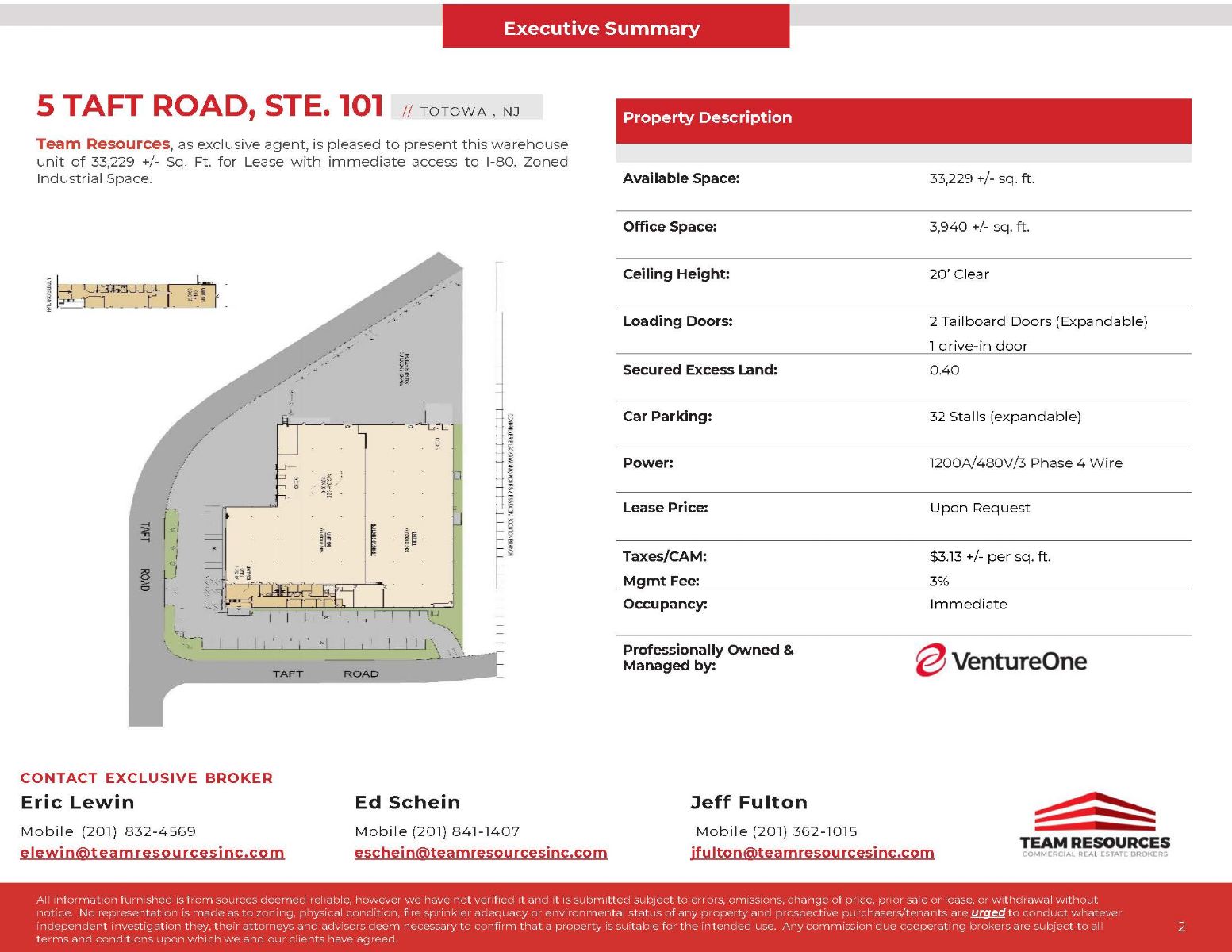 FOR LEASE 33,229 SQ. FT. WAREHOUSE UNIT AT 5 TAFT ROAD IN TOTOWA, NJ